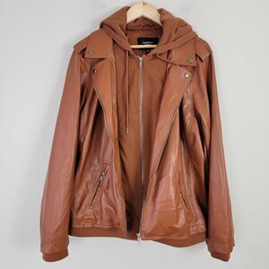 Torrid Mixed Media Womens Hoodie Jacket Faux Leather Sz 3 Brown Biker Full Zip